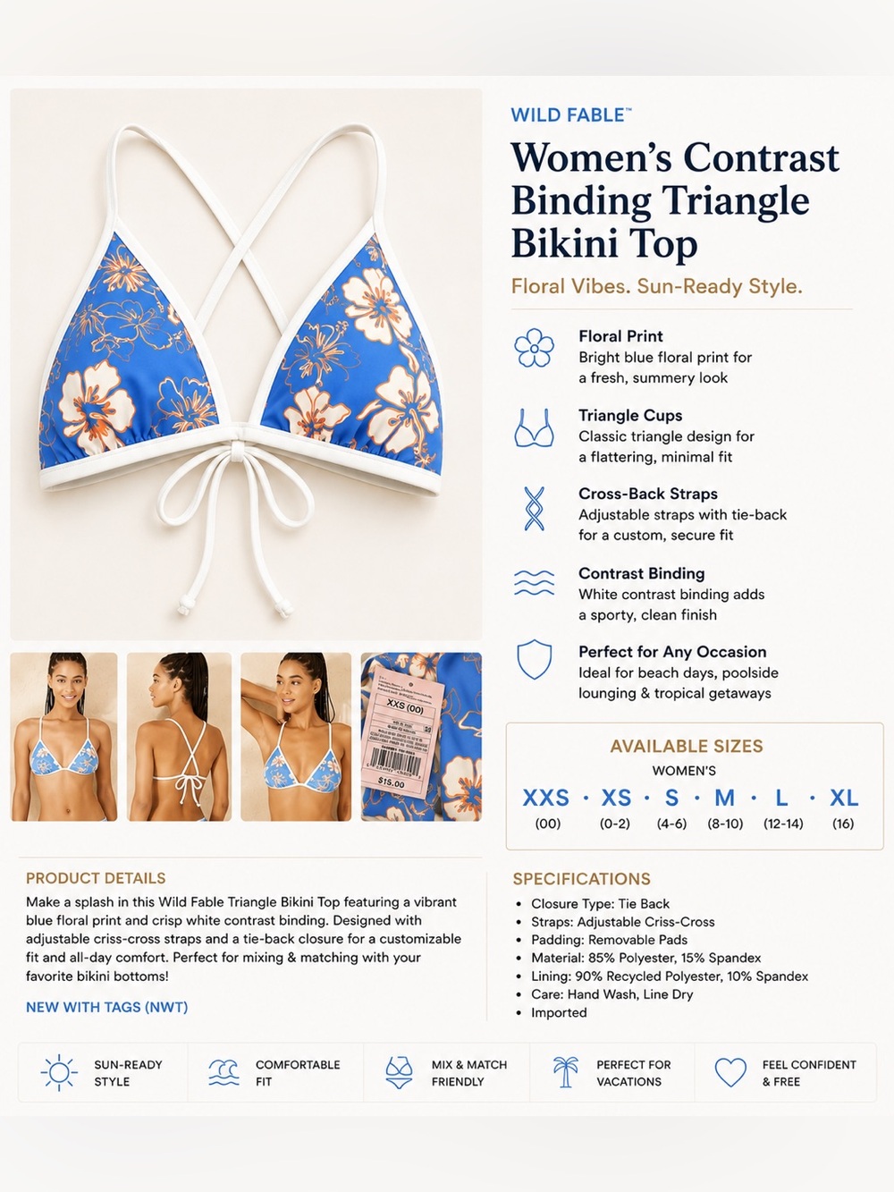 wild fable Blue Floral Triangle Bikini Top with White Contrast Binding